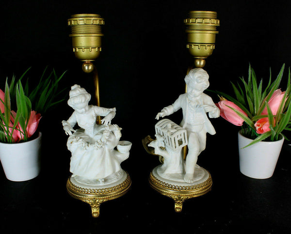 pair german unterweissbach bisque porcelain table lamps boy girl figurine