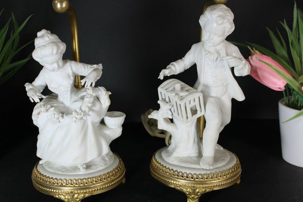 pair german unterweissbach bisque porcelain table lamps boy girl figurine