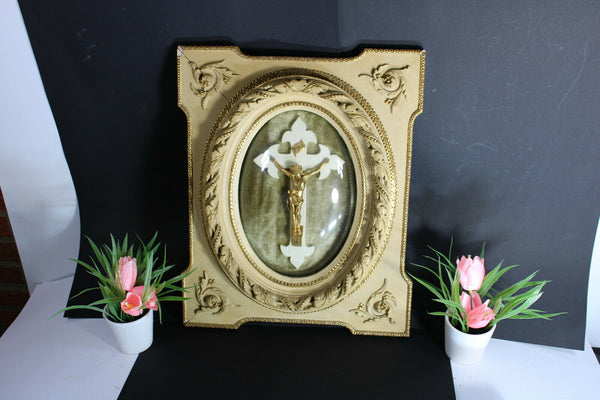 Antique 19thc wood carved frame with crucifix convex glass Wall panel religious