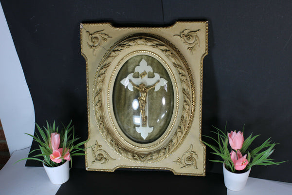 Antique 19thc wood carved frame with crucifix convex glass Wall panel religious