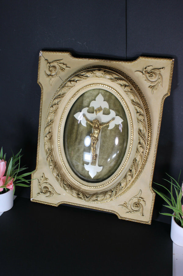 Antique 19thc wood carved frame with crucifix convex glass Wall panel religious