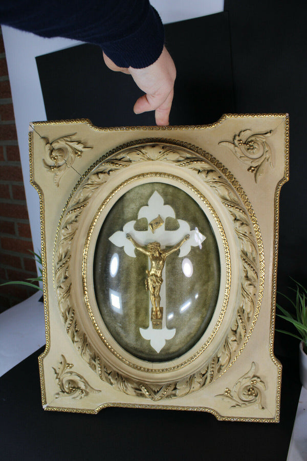 Antique 19thc wood carved frame with crucifix convex glass Wall panel religious