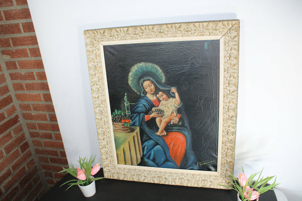 Antique South european madonna painting oil canvas signed