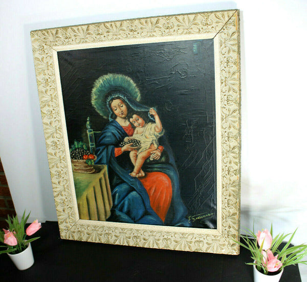 Antique South european madonna painting oil canvas signed