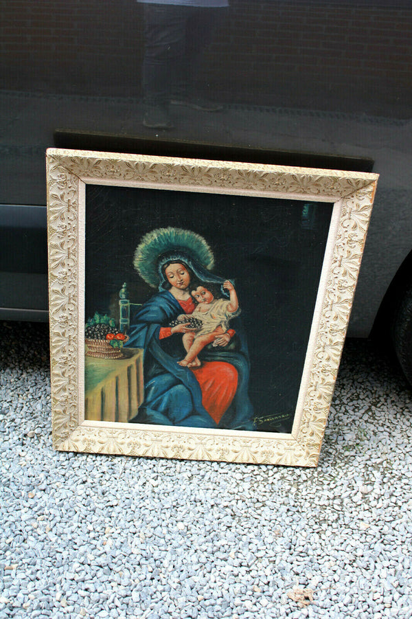 Antique South european madonna painting oil canvas signed