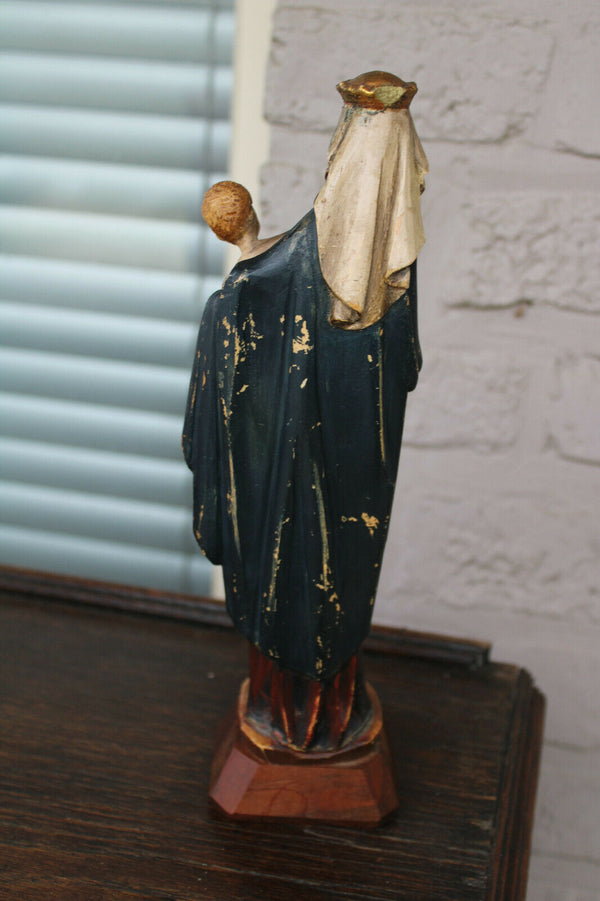 Vintage german wood carved polychrome madonna figurine on wall console