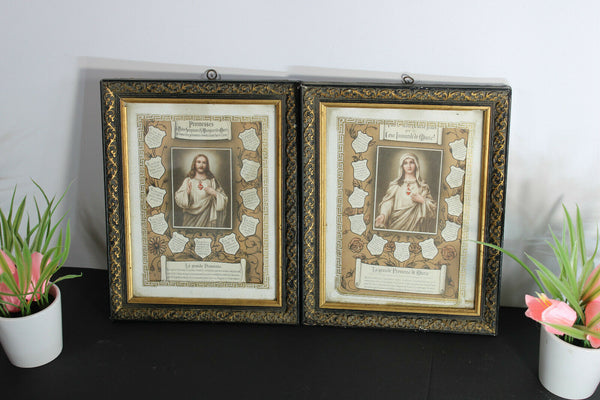 pair antique french litho sacred heart jesus mary portrait Wall panel