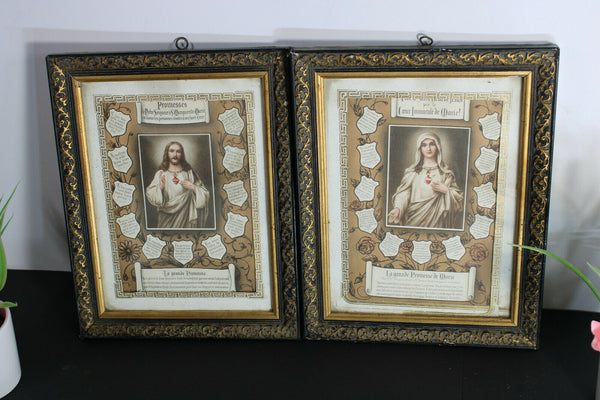 pair antique french litho sacred heart jesus mary portrait Wall panel