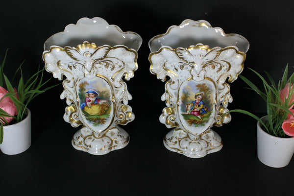 PAIR antique vieux paris porcelain hand paint romantic boy girl vases