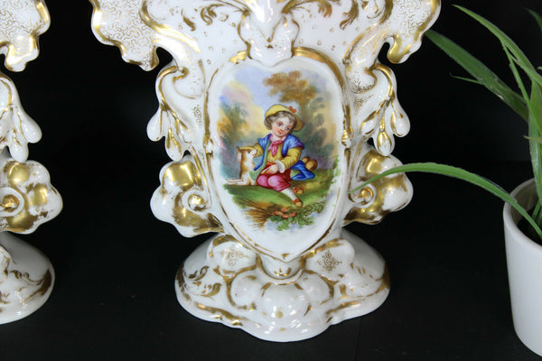 PAIR antique vieux paris porcelain hand paint romantic boy girl vases