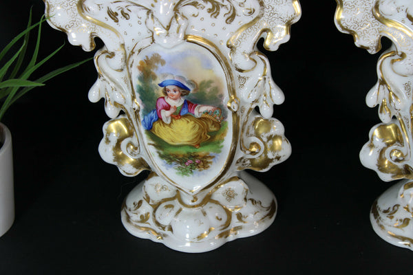 PAIR antique vieux paris porcelain hand paint romantic boy girl vases