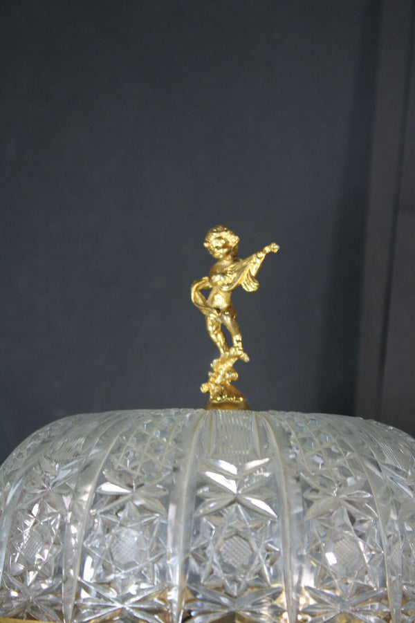 Vintage French crystal glass porcelain floral Table lamp putti cherub figurine