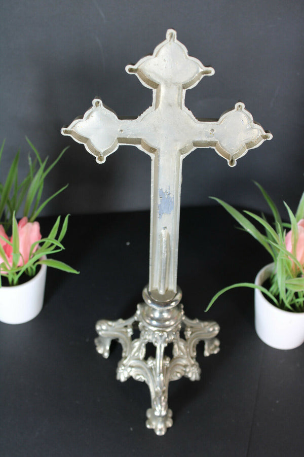 Antique french fleur de lys symbols Spelter Metal crucifix religious