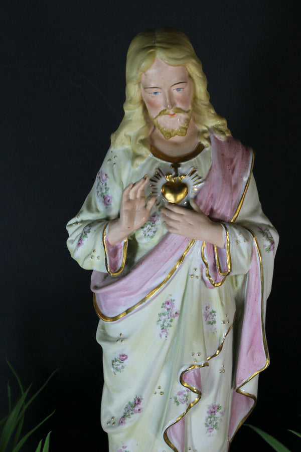 Antique German bisque porcelain Large sacred heart jesus statue religious