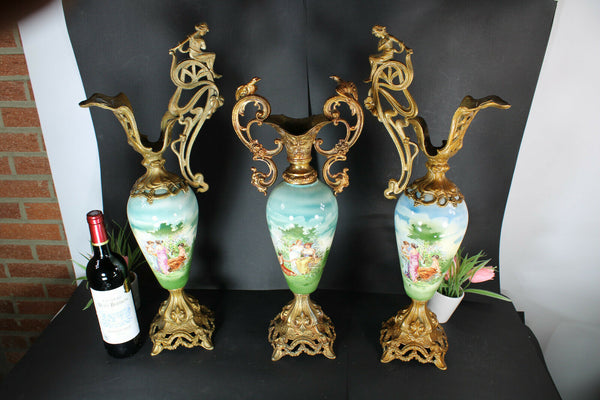 Antique art nouveau french mantel set faience romantic Vase pitcher satyr head