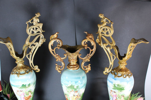 Antique art nouveau french mantel set faience romantic Vase pitcher satyr head