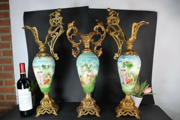 Antique art nouveau french mantel set faience romantic Vase pitcher satyr head