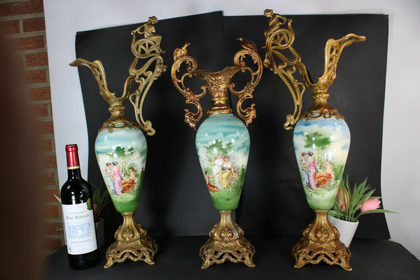 Antique art nouveau french mantel set faience romantic Vase pitcher satyr head