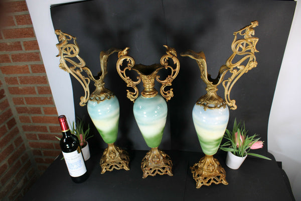 Antique art nouveau french mantel set faience romantic Vase pitcher satyr head