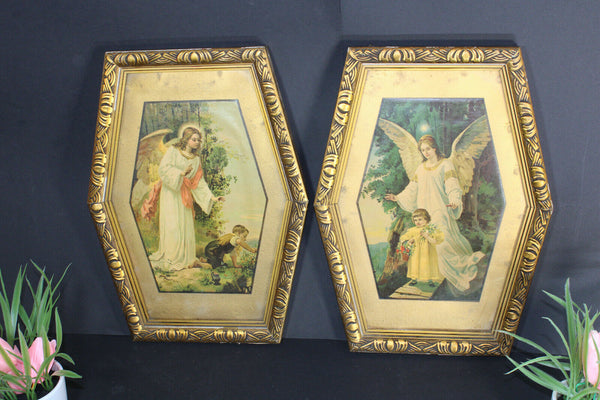 pair antique 1900s litho religious archangel protection child framed wall panel