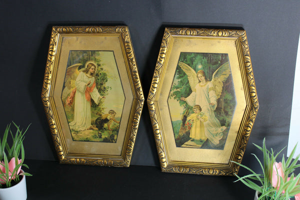 pair antique 1900s litho religious archangel protection child framed wall panel