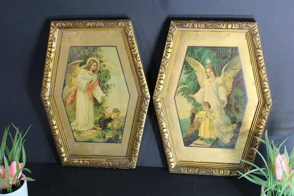 pair antique 1900s litho religious archangel protection child framed wall panel