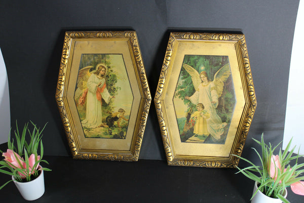 pair antique 1900s litho religious archangel protection child framed wall panel