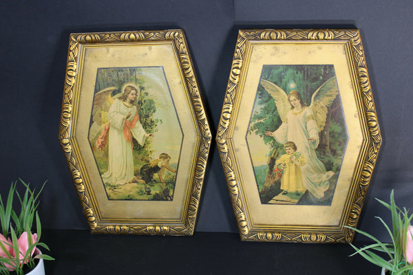 pair antique 1900s litho religious archangel protection child framed wall panel