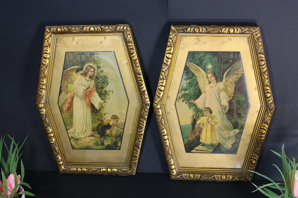 pair antique 1900s litho religious archangel protection child framed wall panel