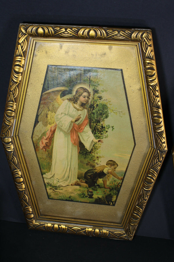 pair antique 1900s litho religious archangel protection child framed wall panel