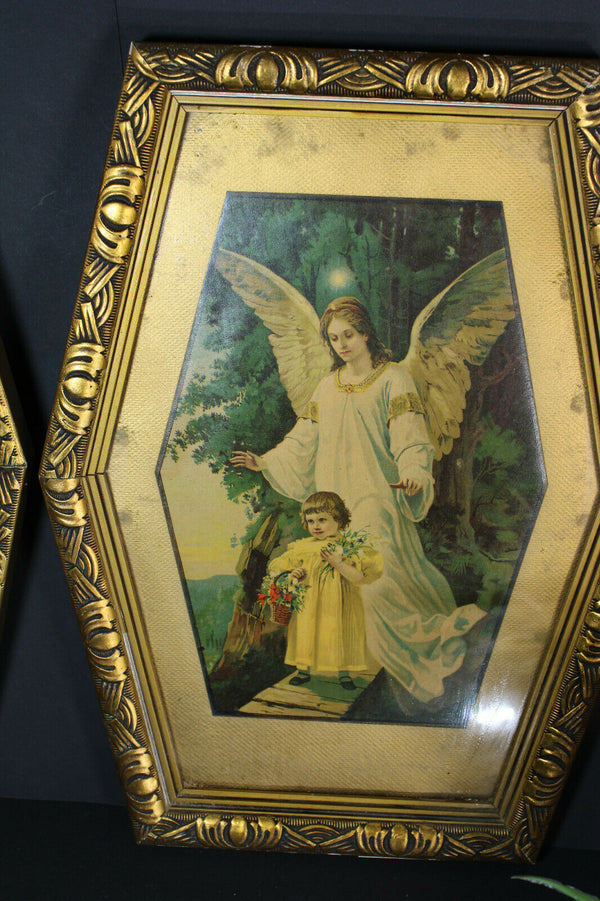 pair antique 1900s litho religious archangel protection child framed wall panel