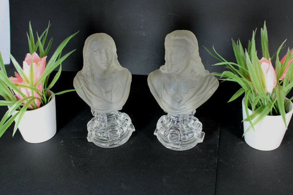 PAIR Rare crystal glass Bust virign mary christ Statue religious