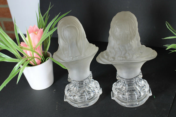 PAIR Rare crystal glass Bust virign mary christ Statue religious