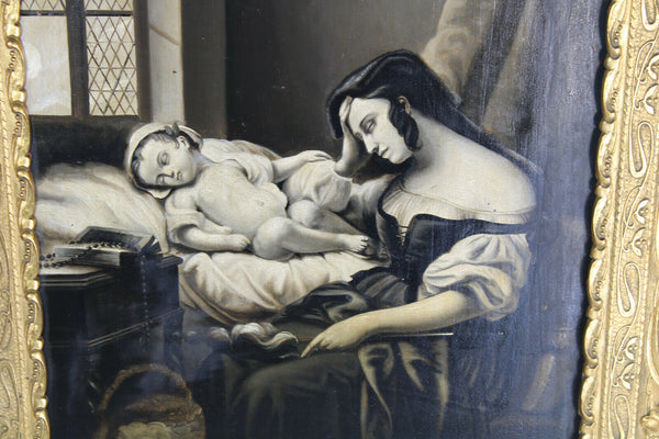 Antique French grisaille painting panel mother sick child religious items Rare