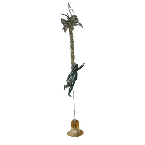 Antique French zamac angel putti cherub pendant lamp chandelier glass tulip
