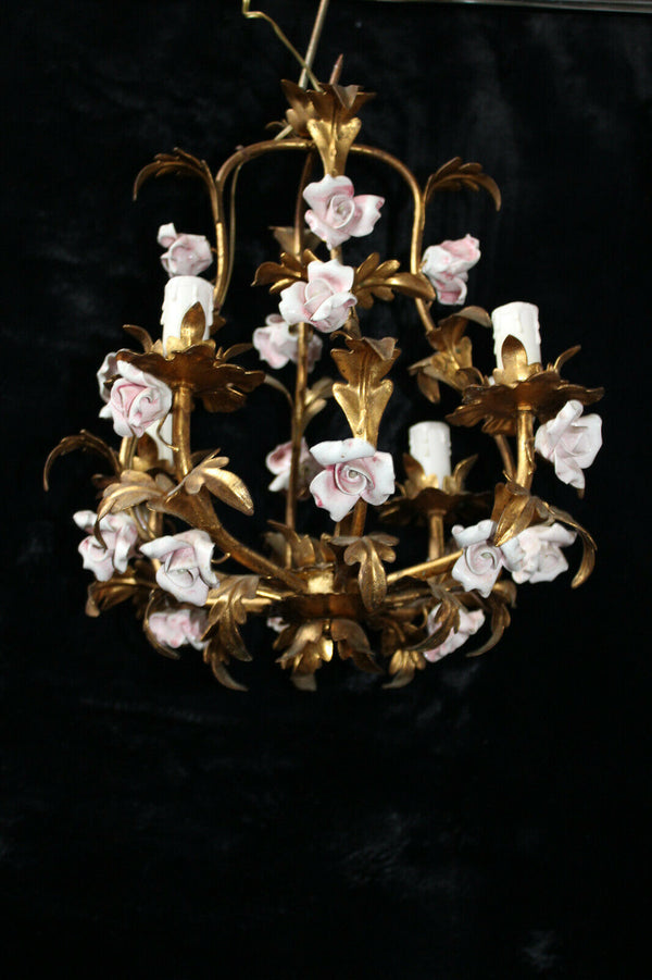 Vintage Metal gold gilt porcelain pink flower Chandelier lamp 1970