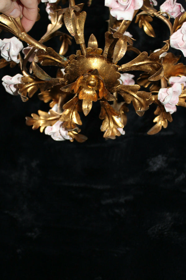 Vintage Metal gold gilt porcelain pink flower Chandelier lamp 1970