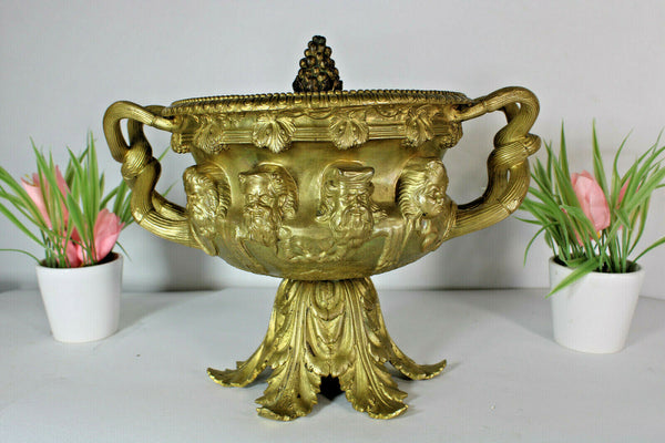 Antique 1900s Gilt bronze warwick vase roman head portraits