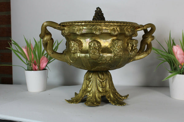 Antique 1900s Gilt bronze warwick vase roman head portraits