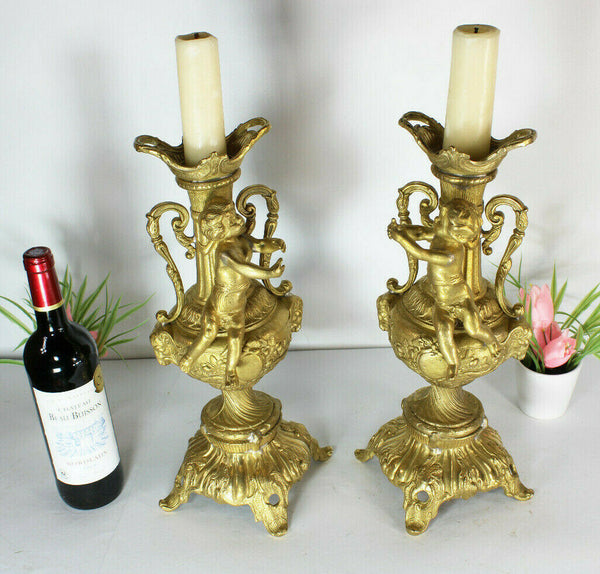 PAIR bronze Putti cherub CAndle holders Ram heads candlesticks