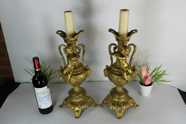 PAIR bronze Putti cherub CAndle holders Ram heads candlesticks