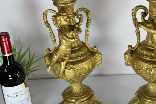 PAIR bronze Putti cherub CAndle holders Ram heads candlesticks