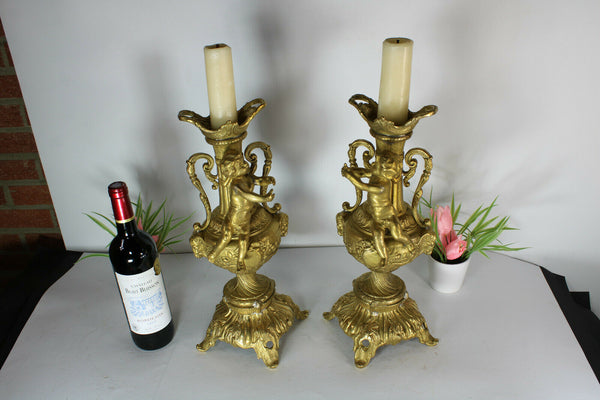 PAIR bronze Putti cherub CAndle holders Ram heads candlesticks