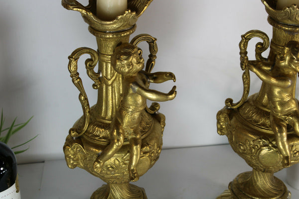 PAIR bronze Putti cherub CAndle holders Ram heads candlesticks