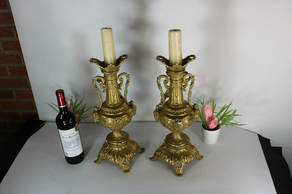 PAIR bronze Putti cherub CAndle holders Ram heads candlesticks