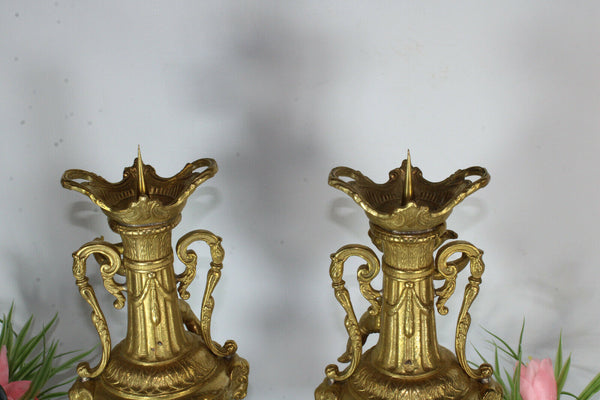 PAIR bronze Putti cherub CAndle holders Ram heads candlesticks