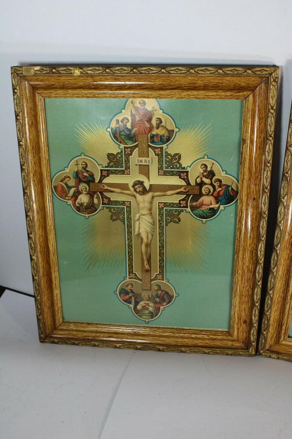 PAIR antique Religious 4 evangelist apostles jesus mary Crucifix Rare frames