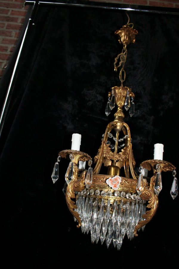 Rare French Brass porcelain flowers glass Caryatid figural chandelier lamp