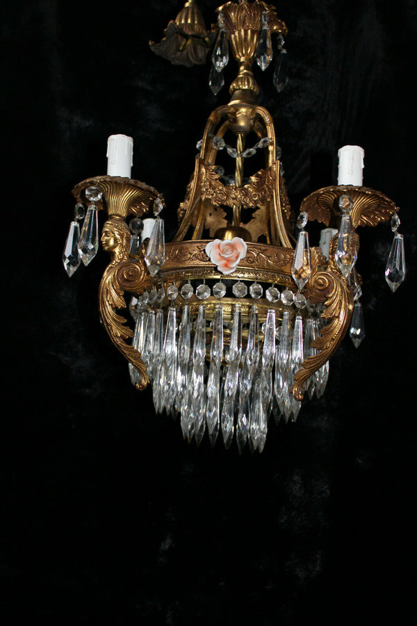 Rare French Brass porcelain flowers glass Caryatid figural chandelier lamp