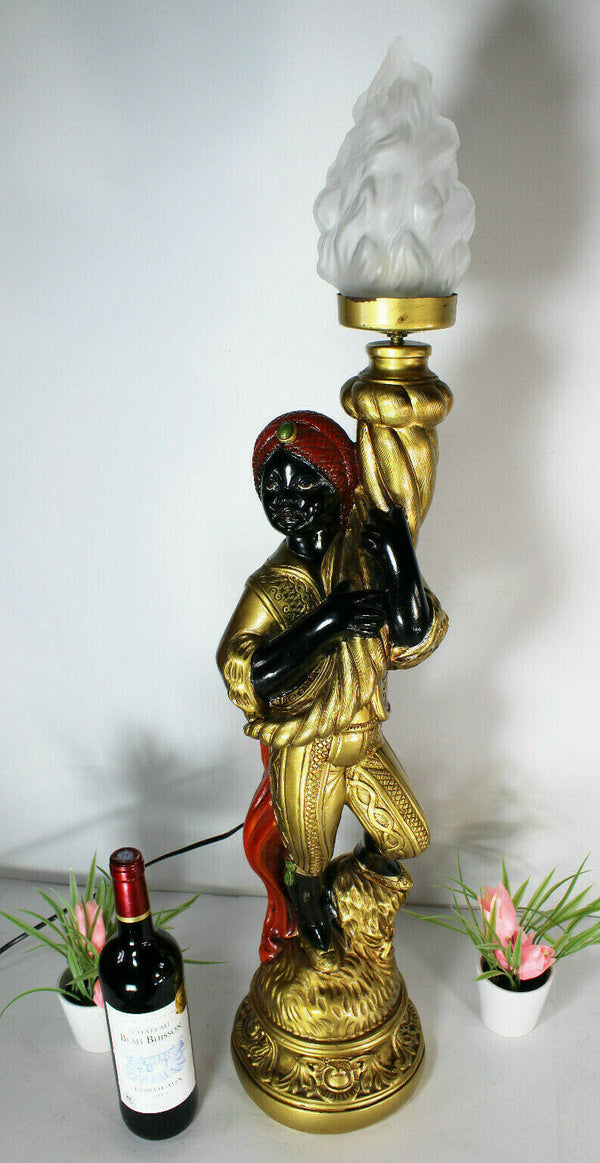 XL 36" Italian ceramic Blackamoor statue lamp flame glass shade 1970